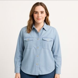 Talbots Blue Cotton Blouse With Gold Buttons Sz M